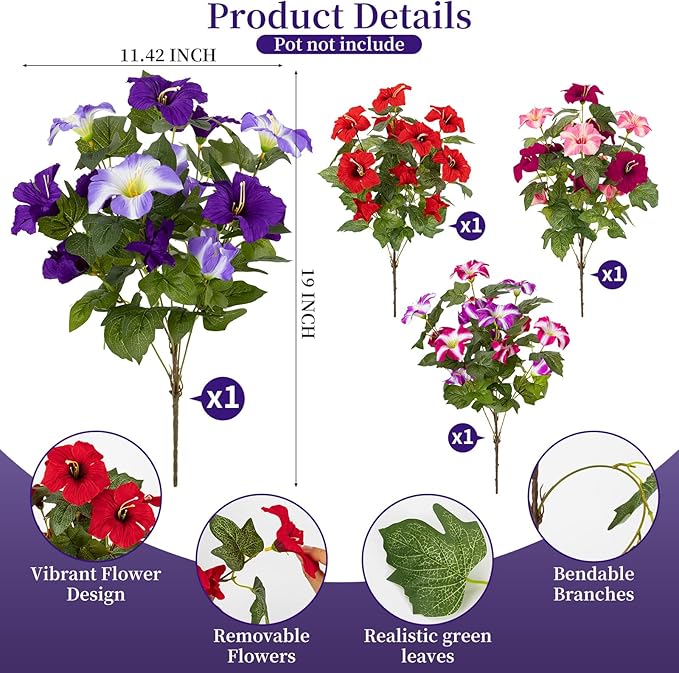 Brlita 19 Inch Artificial Flowers for Outdoor Indoor Garden Home Decoration,Faux Flower for Home Office Garden Patio Balcony 4 Bundles (Multiple Color)