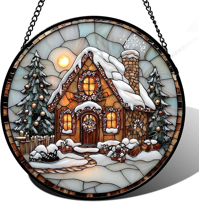 AMDERVEN Stained Glass Window Hanging - Christmas Tree Cottage Sun Catcher for Door Garden Home Winter Decor Snowy Night Suncatcher Mother's Day Birthday Gifts for Women Men Mom Nana 9.8 in