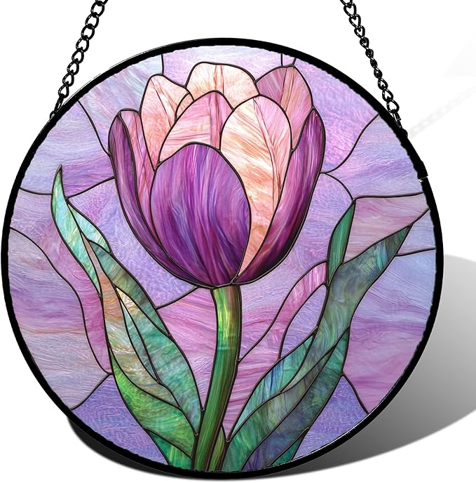 Stained Glass Window Hanging Purple Tulips Flower Large 11.8" - Suncatcher Door Garden Sun Catcher Home Decor Birthday Mother's Day for Mom Men Woman Parents Her Nana Friend