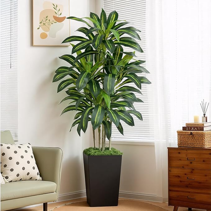 Keeplush 6FT Artificial Dracaena Tree - High-Density Foliage Fake Plant with Black Tall Planter - Faux Yucca Floor Plant for Home Office Decor Indoor