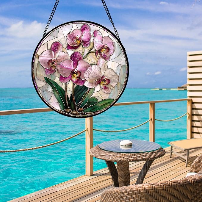 AMDERVEN Stained Glass Window Hanging - Pink Purple Phalaenopsis Flowers Sun Catcher for Door Home Decor Plant Suncatcher Christmas Mother's Day Birthday Gifts for Women Men Mom Nana 9.8 in