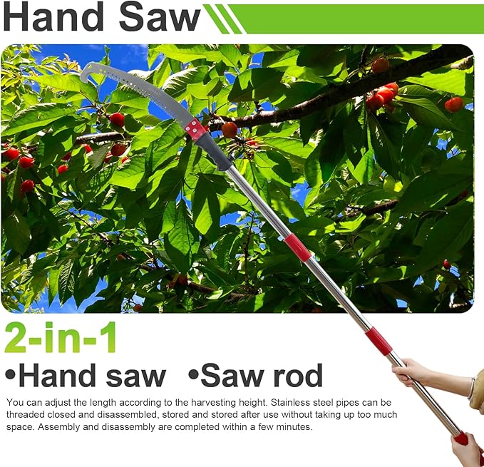 2-in-1 12 FT Pole Saw and Fruit Picker for Tree Trimming and Fruit Harvesting, SK5 Blade and High Carbon Steel Fruit Picker for Cutting High Branches and Fruit Grabber, Stainless Steel Pole