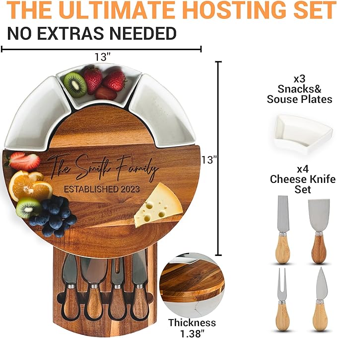Personalized Cheese Board, 13'' Custom Charcuterie Board Gift, Acacia Wood Boards with Knives for Serving - Gifts for Housewarming New Home, Wedding, Anniversary, Christmas, Couples, Birthday