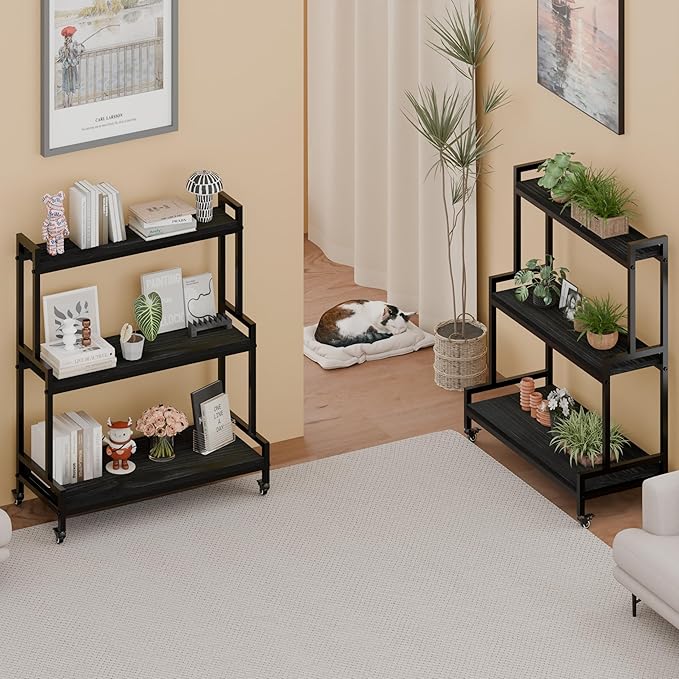 YCCO Plant Stand Indoor with Wheels 37” H, Rolling Plant Shelf Rack Outdoor,Metal Plant Stands with Solid Wood for Multiple Plants,Industrial Ladder Plant Flower Shelf for Garden,Living Room,Black