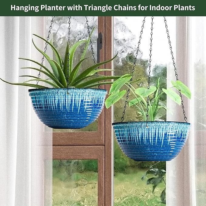 LESOASIS 12 inch Large Hanging Planters for Indoor Outdoor Plants, Set of 2 Glazed Hanging Flower Pots with Drainage Hole, Hanging Baskets for Garden Home Porch Decor