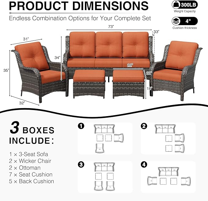 Joyside 5 Piece Wicker Patio Furniture Set, Rattan Patio Chairs with High Back, Deep Seating, Wide Armrest, Thickened Cushions, Outdoor Furniture for Deck, Porch Use