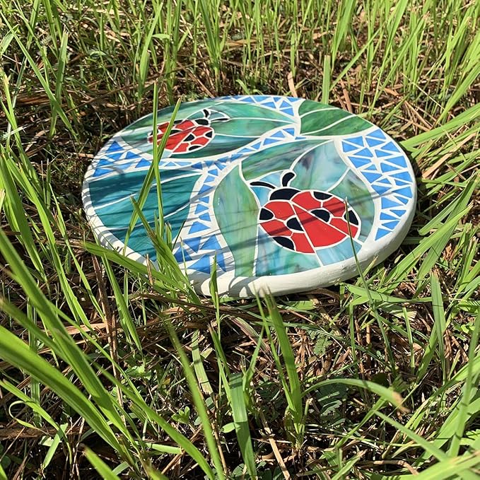 Bieye MSS001 Tiffany Style Stained Glass Mosaic Decorative Stepping Stone for Garden Decor (12" Round, Ladybug)