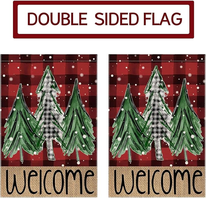 Welcome Red Buffalo Plaid Christmas Trees Garden Flag 12 x 18 Inch Vertical Double Sided Buffalo Plaid Red Holiday Yard Outside Xmas Decor