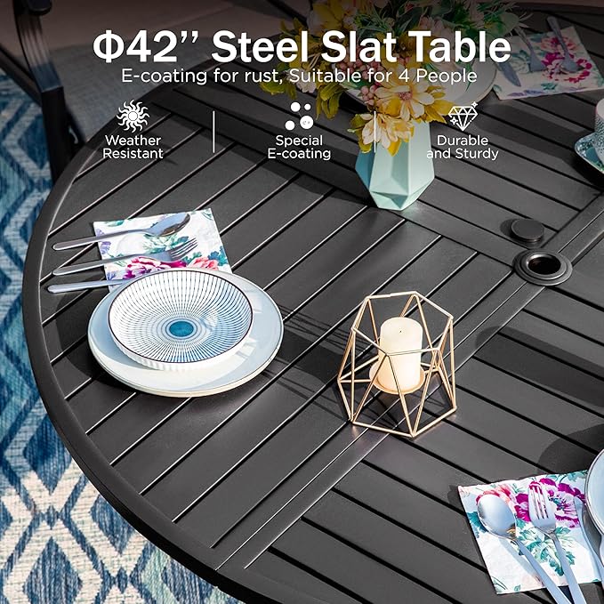 PHI VILLA 5 Pieces Outdoor Round Dining Set for 4, Steel Circle Table with Umbrella Hole & Swivel Wrought Iron Gray Chairs, Modern Dining Furniture Set with Cushions for Patio, Deck, Yard, Porch