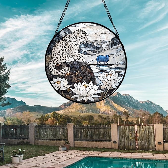 Stained Glass Window Hanging - Snow Mountain Lotus Suncatcher for Doors Garden Patio Leopard Sun Catchers Decor Christmas Mother's Day Birthday Gifts for Women Men Mom Nana Friend 15 in