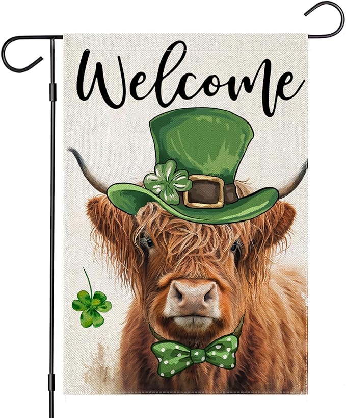 Welcome St Patricks Day Garden Flags for Outside, Highland Cow with Green Hat Lucky Shamrocks Yard Decoration, Small Seasonal Irish Outdoor Decor for Farmhouse Holiday,12x18 Inch Double Sided