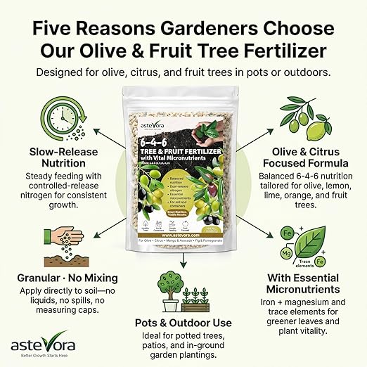 Olive Tree Fertilizer – Fruit Tree Fertilizer for Olive Tree, Citrus, Lemon, Lime, Fig, Avocado, Mango, Apple & Pomegranate – for Potted & Outdoor Trees (10 quarts - 20 lbs.)