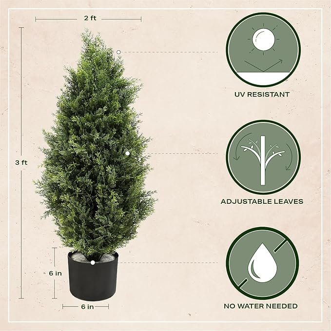 Artificial Topiary Cedar Trees 3ft, 2 pk - Outdoor Indoor Faux Pine Shrubs Plants, Realistic Fake Plants Front Porch Decor, Artificial Bushes Cypress for Home Front Door Offices