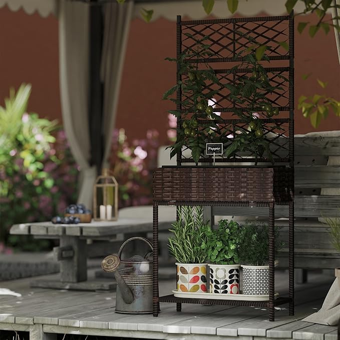 Outsunny Raised Garden Bed with Trellis, Outdoor Wicker Planter, Freestanding Rattan Planter Stand with Storage Shelf for Climbing Plants, Flowers, Herbs, Vegetables, Brown