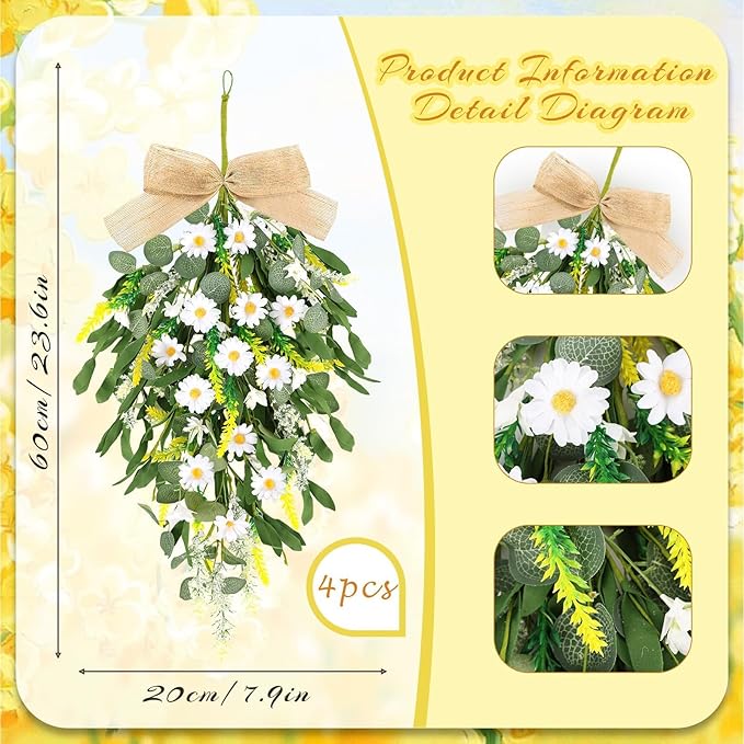 4 Pcs 24" Artificial White Daisy Teardrop Wreath Swag Spring Summer White Floral Hanging Swags Wreath for Kitchen Cabinet Doors Window Wall Wedding Party Home Decor