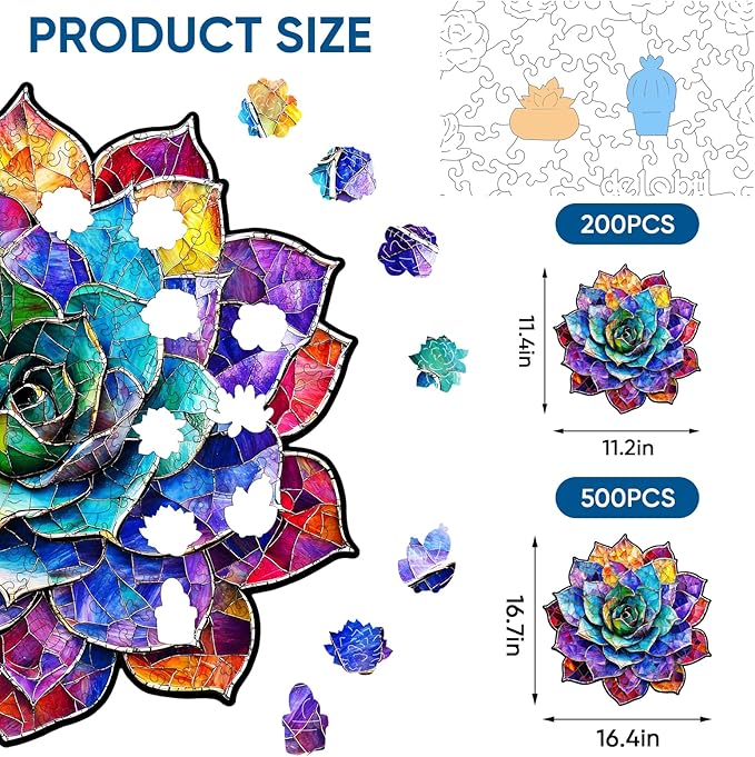 Delobil Stained Glass Succulent Wooden Puzzles for Adults, 500 Pieces Mandala Jigsaw Puzzles, Unique Shaped Royal Size Wood Puzzle Gift for Kids, Family Game 16.4'' x 16.7''