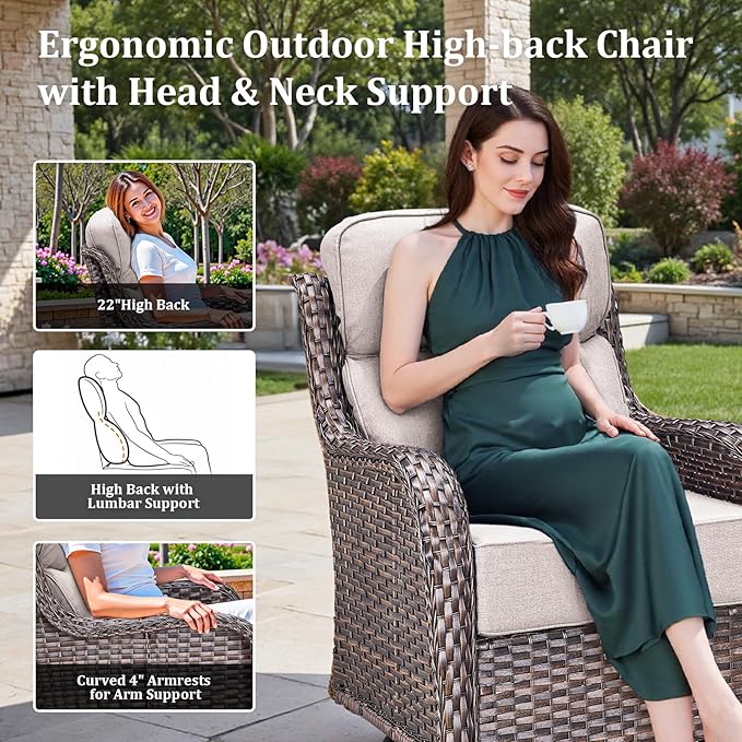 Luxury High Back Patio Furniture Set with 6-Inch Thick Cushions, 6-Pieces Outdoor Furniture with Swivel Chairs &Side Table, Wicker Conversation Set for Porch, Balcony, Deck and Yard, Brown/Beige