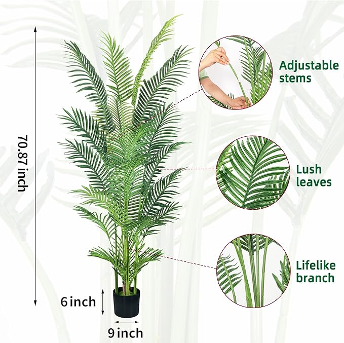 HAIHONG 6FT Artificial Palm Tree,Faux Areca Palm Plant with Real Touch Leaves and Adjustable Branches,Fake Tropical Palm Tree for Home Office Indoor Outdoor Modern Decoration