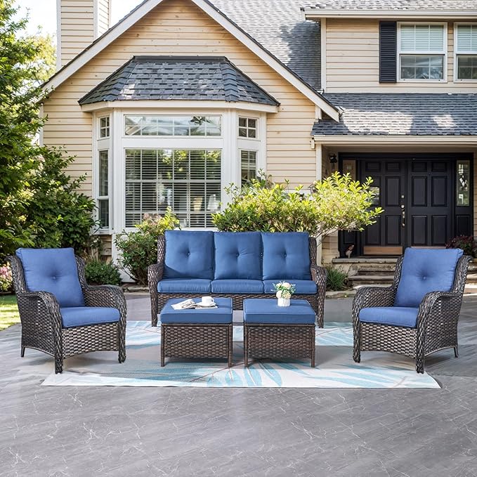 Belord Outdoor Wicker Furniture 5 Pieces Patio Furniture Sofa Set Patio Wicker Chairs with Ottomans Conversation Set for Porch Garden Deck Balcony Poolside
