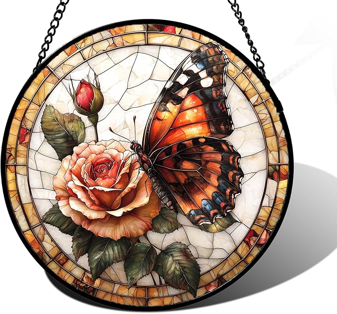 DASTOLL Stained Glass Window Hanging, Butterfly Picking Flowers Suncatcher for Doors Home Sun Catchers Decoration and Christmas, Mother's Day Birthday Gifts for Women, Men, and Mom 11.8x11.8 in
