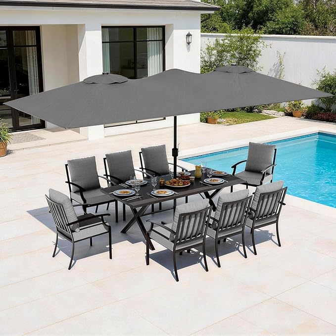 10 Pieces Patio Dining Set,Metal Outdoor Furniture Set Includes 13.6FT Grey Umbrella,Hole Cut-Out 78.7" x 35.4" Table and 8 Metal Backrest Chairs for Backyard,Garden,Grey