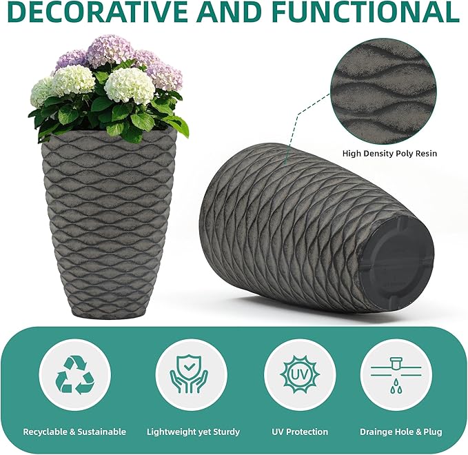 Autodaya 20" Tall Planters Set of 2, High-Density Resin Wavy Outdoor Pots for Plants, Versatile Indoor/Outdoor Flower Pots w/Drainage Holes for Patio, Garden, Porch & Living Room Decor, Ideal Gift