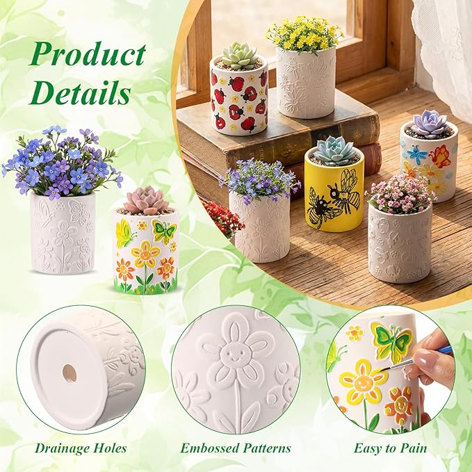 Zubebe 12 Pcs Spring Paint Your Own Insect Ceramic Pots Bulk Unfinished Succulent Pots Painting Kit with Drainage Hole Mini Paintable Plant Vase Ready to Paint Planter for Spring Garden DIY Craft