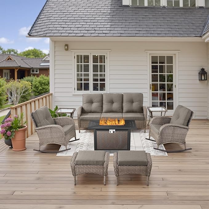 Belord Patio Furniture Set with Fire Pit Table - 8 Piece Outdoor Wicker Furniture Set with 43" 50000 BTU Propane Fire Pit and Rocking Chairs Patio Conversation Set for Patio Outside Backyard Grey