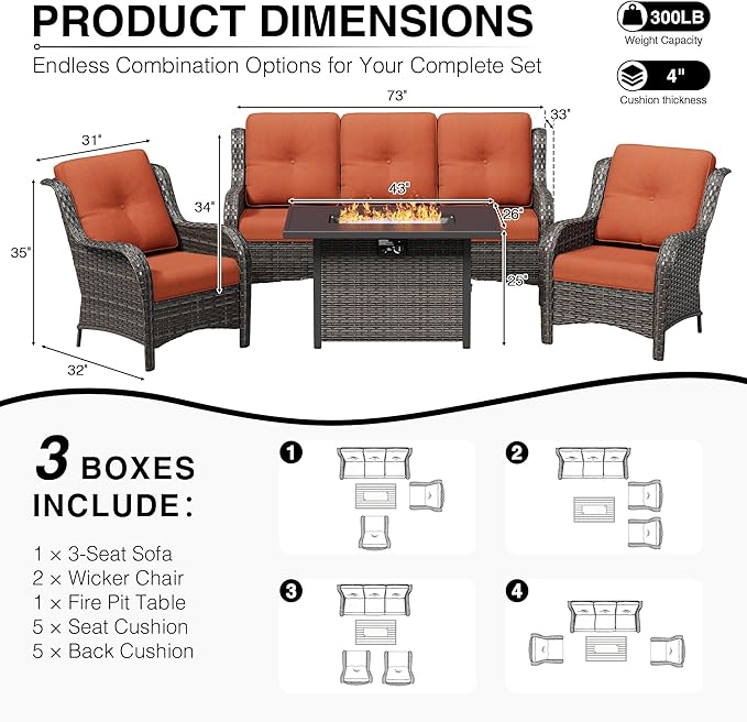 Joyside 4 Piece Wicker Patio Furniture Set with Fire Pit Table, Rattan Patio Chairs with High Back, Deep Seating, Wide Armrest, Thickened Cushions, Outdoor Furniture for Deck, Porch Use