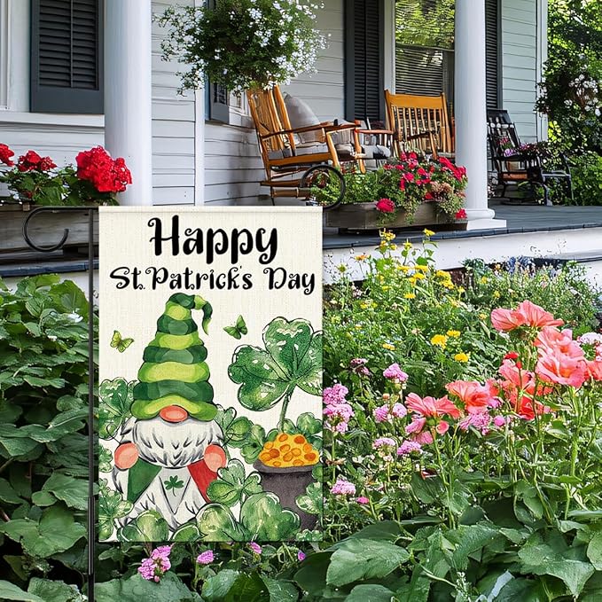 Happy St Patricks Day Garden Flag 12x18 Inch Double Sided,Gnome Shamrocks Outdoor Irish Decor House Porch Flag for St Patrick's Day Party and Yard Decorations