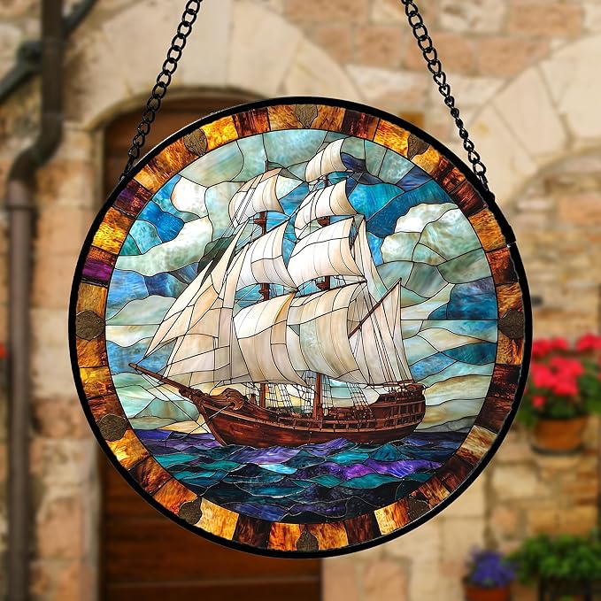DASTOLL Stained Glass Window Hanging, Sailing Ocean Sun Catchers Glass Panel Navigation Suncatcher Decor for Birthday for Women, Men, Wife, Aunt, and Mom 9.8 in