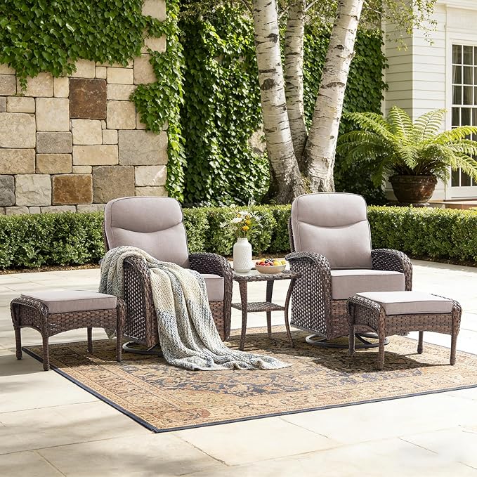 Luxury Patio Furniture Set with Swivel Chairs & 6-Inch Thick Cushions, Outdoor High Back Swivel Rocker Patio Chairs, 5PCS Wicker Outdoor Furniture Set for Porch, Yard, Deck, Poolside, Brown/Beige