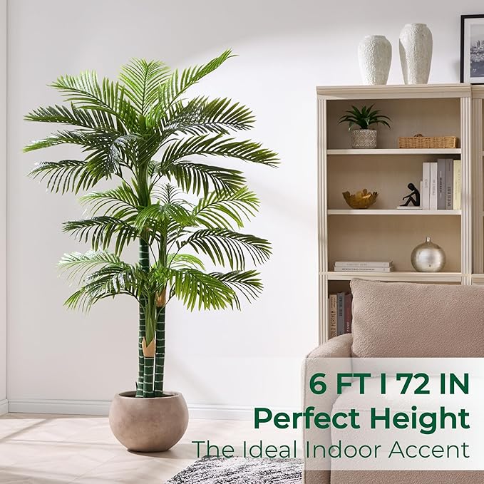 6FT Tall Triple Golden Cane Palm Tree (1 Pack), Large Faux Plants, UV Resistant Indoor/Outdoor Fake Plant in Heavy Cement Pot - Realistic Tropical Decor for Patio, Living Room, Office