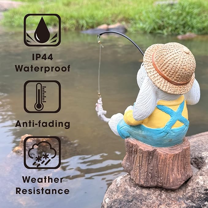 Garden Rabbit Pond Statues Decoration, Fishing Bunny Garden Statue Outdoor Koi Pond or Waterfall Decor, 7.1" Rabbit Fishing Poolside Statue, Animals Patio, Lawn Sculpture, Great Gifts for Mom & Women