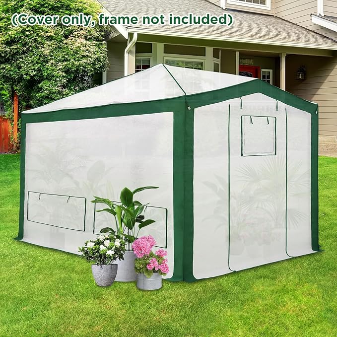 EAGLE PEAK Replacement Cover for 12x8 Pop up Greenhouse with Polyester Reinforced Corners, Front and Rear Roll-Up Zipper Entry Doors and 4 Roll-Up Side Windows (Frame Not Included), Green/White