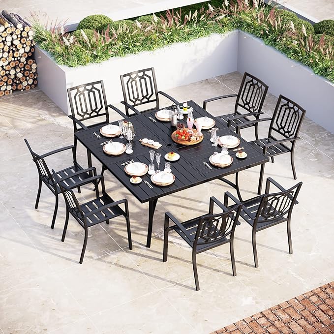 Sophia & William Patio Table and Chairs Set, Outdoor Dining Set for 8, 9 Piece Metal Patio Furniture, 60" Black Square Table(Geometry)