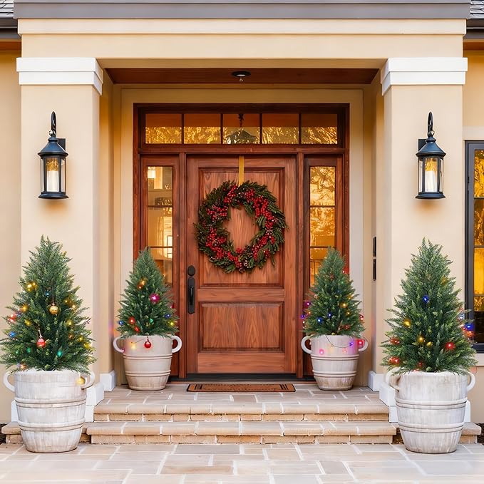 EverNature 3FT Artificial Topiary Cedar Trees, 2Pack Realistic Faux Cypress Plants with Pot, Fake Bushes Pine Tree for Outdoor Front Porch Garden Indoor Christmas Home Decor