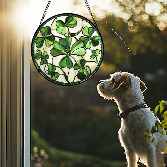 Stained Glass Window Hanging - Ireland Green Lucky Clover Suncatcher for Doors Garden St. Patrick's Day Sun Catchers Decor Mother's Day Birthday for Women Men Mom Nana 7.8 in