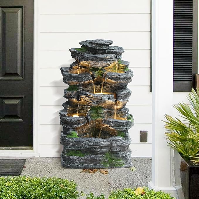 7-Tiers Garden Waterfall Fountain Outdoor - Water Fountains and Waterfalls, Outdoor/Indoor Floor Standing Resin Water Fountain with LED Light for Patio, Garden and Backyard, Deck, Porch, Home