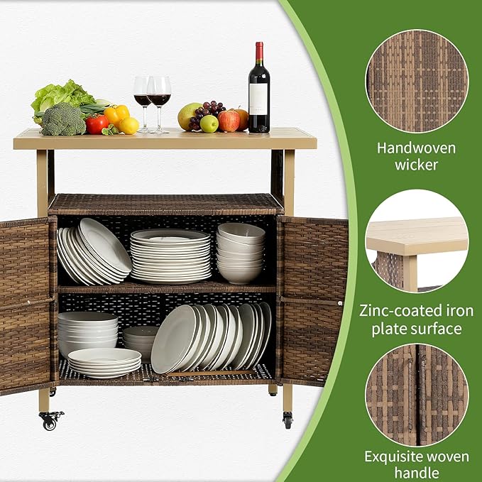 Outdoor Wicker Bar Cart, 35.43" Patio Wine Serving Cart with Plastic Wood Top, Rolling Rattan Beverage Bar Table with Wheels & Storage for Garden, Backyard & Poolside, Beige