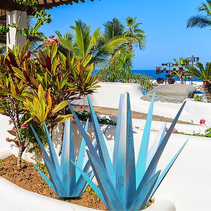 TOMBABY Enlarge Metal Plants Tequila Rustic Sculpture, Outdoor Patio Yard, Home Decor Hand Painted Agave Garden Statue, Outdoor Lawn Ornaments Yard Stakes for Mom Gift (1 Large Blue)