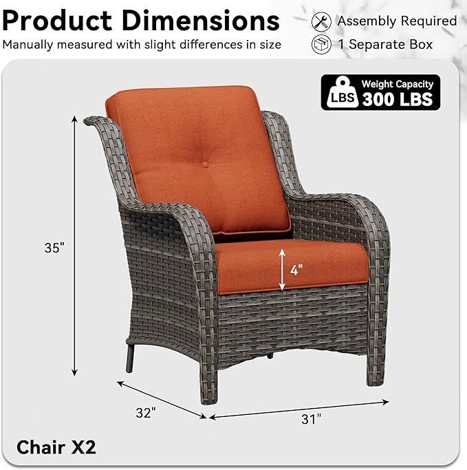 Patio Chairs Set of 2, Outdoor Wicker Patio Furniture Set with Thickened Olefin Cushions, High Back and Deep Seating, Wide Curved Armrest Hand-Woven PE Rattan for Porch, Deck, Orange