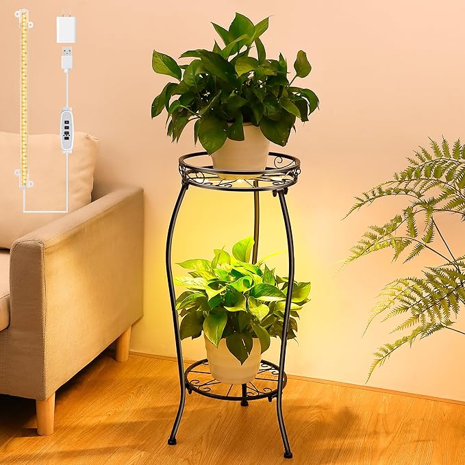 Dunkive Plant Stand indoor Outdoor 2 Tier 27" with Grow Light, Tall Metal Potted Holder Rack Flower Stand Rustproof Iron Heavy Duty Round Plant Shelf for Planter Corner Home Garden Balcony Patio