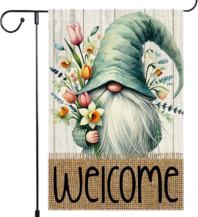 Welcome Spring Garden Flag 12x18 inch Burlap Double Sided Gnome Colorful Floral Small Summer Garden Flags Decorations For Outside Yard Home Outdoor Patio Lawn Decor
