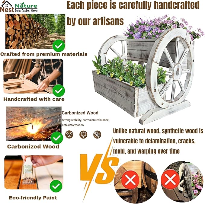 NestNature Wooden Wagon Planter Box,Raised Garden Bed,Decorative Garden Planters with Wheels-Outside Flower Pots for Indoor/Outdoor Décor Plants (Antique White)