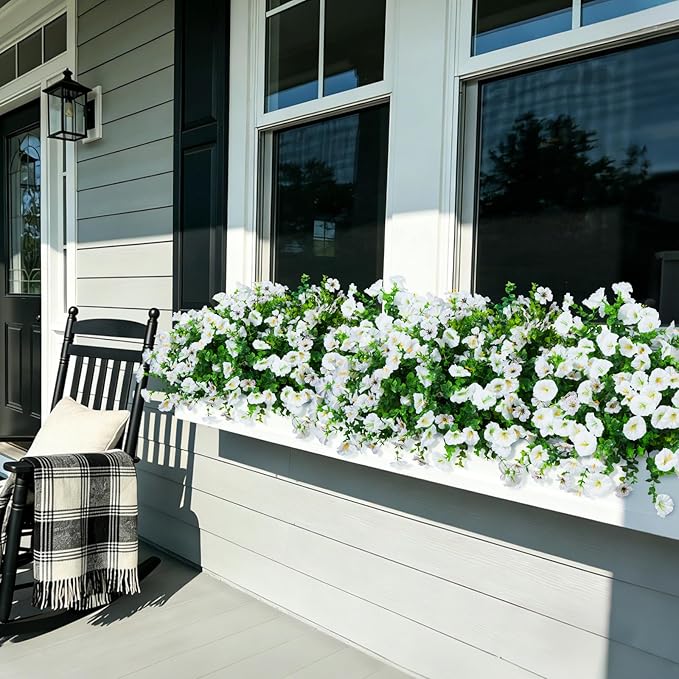Hrobek Artificial Flowers for Outdoors Faux Plants Outside Indoor,Realistic UV Resistant Silk Fake Daisy Petunias for Home Patio Garden Back Yard Front Poch Decor Spring Summer(12 Bunches,White)