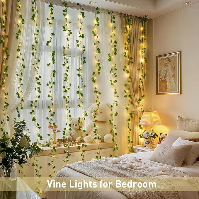 JMEXSUSS Vines Lights for Bedroom, 200 LED Vines Fairy Lights, Artificial Ivy Leaf Light for Wall Curtain Wedding Party Christmas Indoor Decor, 6.5ft x 6.5ft with Remote