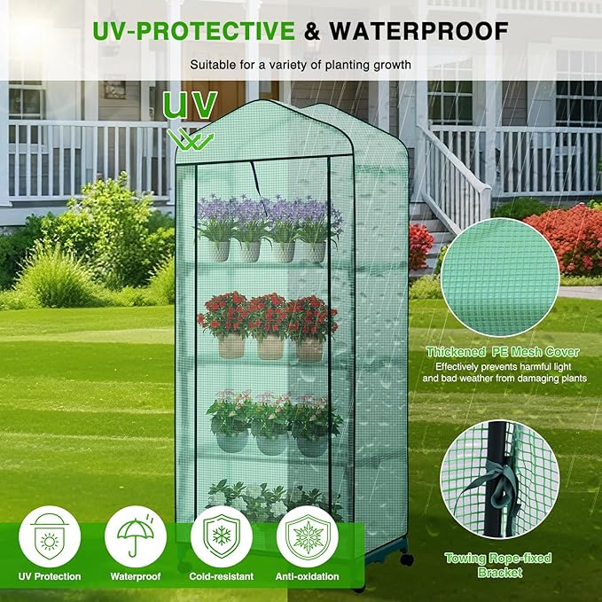 Yesker Mini Greenhouse 27"x20"x63" Portable Indoor / Outdoor Small Green House with 4 Tier 4 Shelves Wheels Thicken PE Cover Compact Greenhouses Kit for Winter Gardening Balcony Patio Backyard, Green