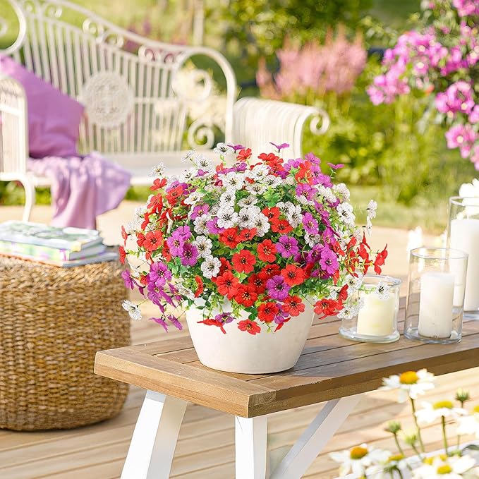 Artificial Spring Flowers Outdoors Faux Plants UV Resistant Plastic Flowers Outdoors Fake Greenery Plants Outside for Garden Porch Planters Silk Flowers Daisy Decor, 12 Bundles (Mix White Red Purple)