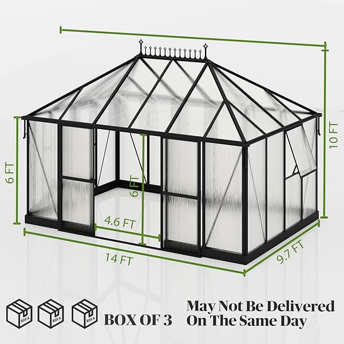 14x9.7x10 FT Polycarbonate Greenhouses for Outdoors, Large Huge Greenhouse Sunroom with 2 Adjustable Windows &Sliding Door, Walk-in Design with Aluminum Frame for Patio, Garden